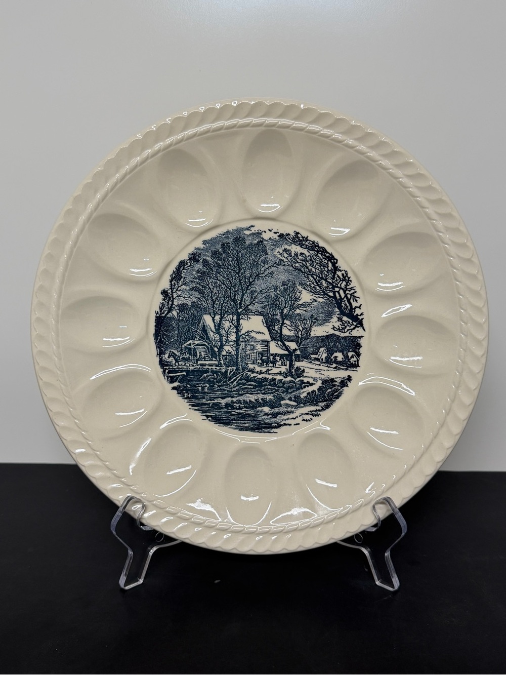 RARE Vintage Currier & Ives Egg Platter - Winter in the Country- Old Grist Mill